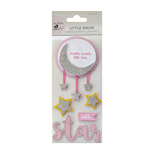 Little Birdie Foil and Glitter Sticker Embellishment 5/Pkg-Little Star Pink CR66484 - 8903236483284