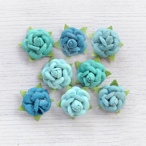 Little Birdie Angel Rose Paper Flowers 8/Pkg-Aqua Medley - ANGEL-79471