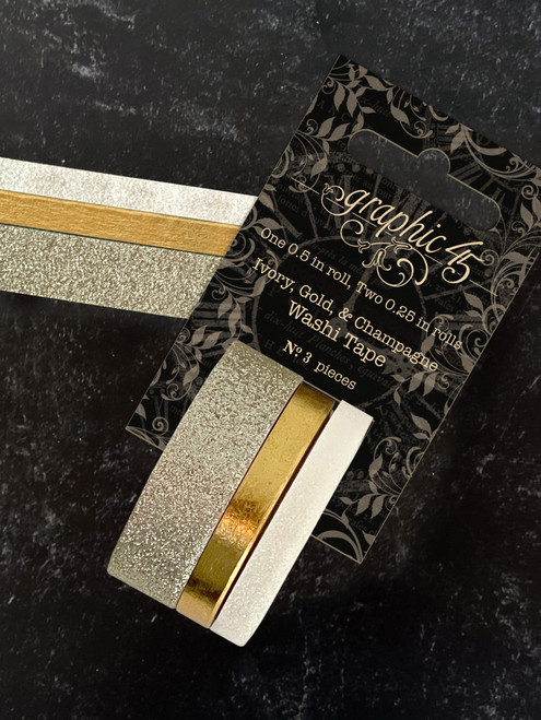 3 Pack - Graphic 45 Staples Glitter & Gloss Washi Tape Set-Ivory, Gold & Champagne - G4502826