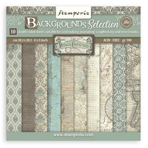 Stamperia Backgrounds Double-Sided Paper Pad 8"X8" 10/Pkg-Voyages Fantastiques, 10 Designs, 1 Each - SBBS97 - 5993110032458