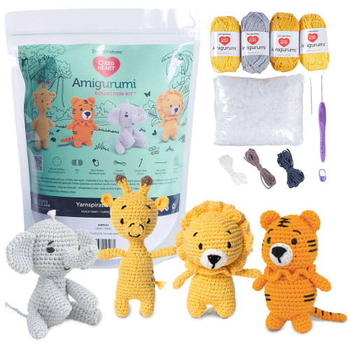 Red Heart Amigurumi Crochet Kit Collection - Safari-Giraffe, Lion, Tiger & Elephant - RHPPCK1 - 073650091261