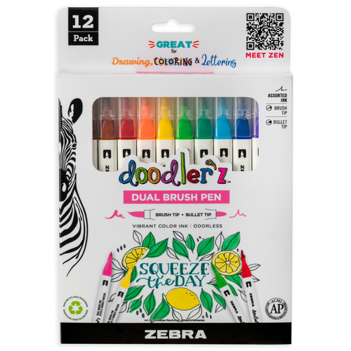 Zebra Doodlerz Dual Brush Pens 12/Pkg-Assorted 5A00219L-1G435 - 045888610026