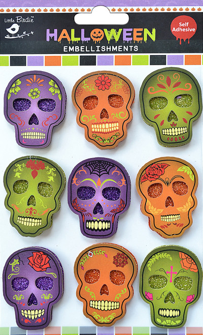 Little Birdie Halloween Embellishments 9/Pkg-Sparkling Decorated Skull 5A00218H-1G425 - 726465506948