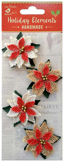 6 Pack Little Birdie Christmas Embellishments 4/Pkg-Burlap Poinsettia 5A00219Z-1G47B - 8903236614763