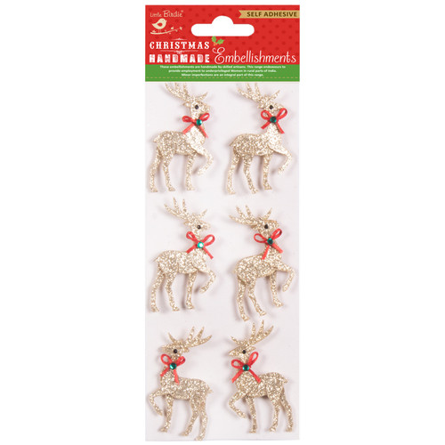 Little Birdie Christmas Sticker Embellishments 6/Pkg-Golden Sparkle Reindeer 5A0021BV-1G45Y - 726465507372