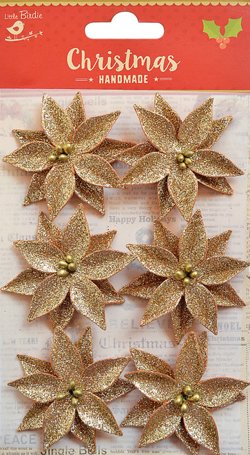 6 Pack Little Birdie Christmas Handmade Flowers 6/Pkg-Pretty Poinsettia; Gold Glitter 5A0021CD-1G44M - 8903236713879