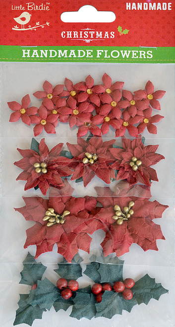 Little Birdie Christmas Handmade Flowers 28/Pkg-Holly And Poinsettia 5A0021DR-1G480 - 8903236618457