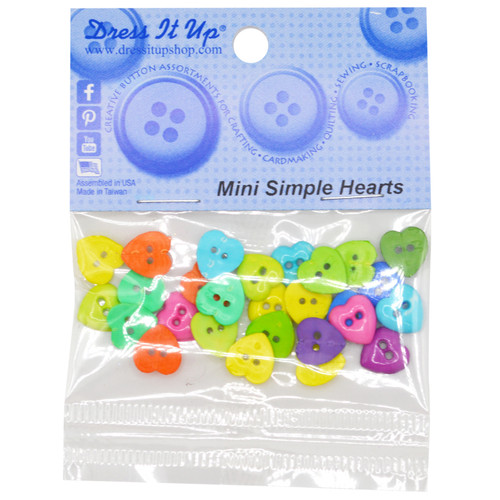 6 Pack - Dress It Up Embellishments-Mini Simple Heart Buttons - Primary - DIUBTN-1791 - 787117500912