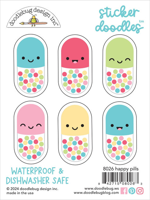 3 Pack Doodlebug Water Bottle Sticker Doodles-Happy Pills 5A0023CY-1G6DD - 842715080263