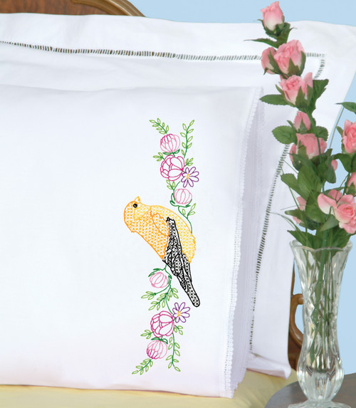 Jack Dempsey Stamped Pillowcases W/White Lace Edge 2/Pkg-Finch - 5A00234J-1G6Q6 Jack Dempsey Stamped Pillowcases W/White Lace Edge 2/Pkg-Finch - 5A00234J-1G6Q6