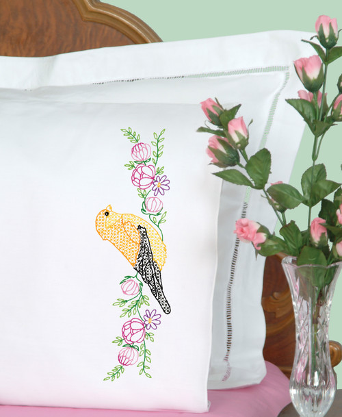 Jack Dempsey Stamped Pillowcases W/White Perle Edge 2/Pkg-Finch - 5A002355-1G6Q9 Jack Dempsey Stamped Pillowcases W/White Perle Edge 2/Pkg-Finch - 5A002355-1G6Q9