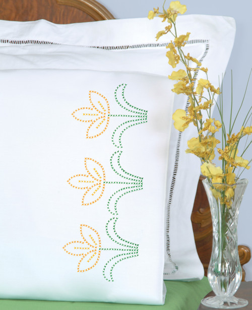 Jack Dempsey Stamped Pillowcases W/White Perle Edge 2/Pkg-Cross-Stitch Tulips  5A00234C-1G6QC