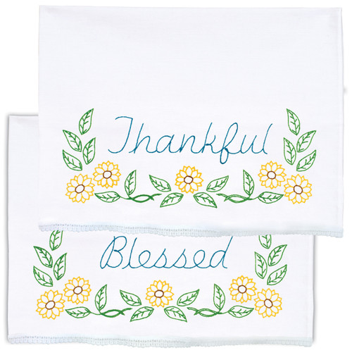 Jack Dempsey Stamped Pillowcases W/White Lace Edge 2/Pkg-Thankful & Blessed  5A002343-1G6QH