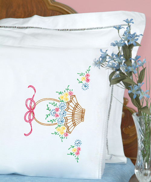 Jack Dempsey Stamped Pillowcases W/White Lace Edge 2/Pkg-Basket Of Daisies - 5A00234T-1G6QJ Jack Dempsey Stamped Pillowcases W/White Lace Edge 2/Pkg-Basket Of Daisies - 5A00234T-1G6QJ
