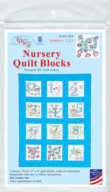 Jack Dempsey Stamped White Nursery Quilt Blocks 9"X9" 12/Pkg-Numbers 1,2,3  5A00235B-1G6QM - 013155158694