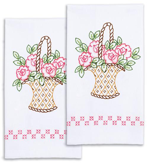 Jack Dempsey Stamped Decorative Hand Towel Pair 17"X28"-Basket Of Roses - 5A002345-1G6QW