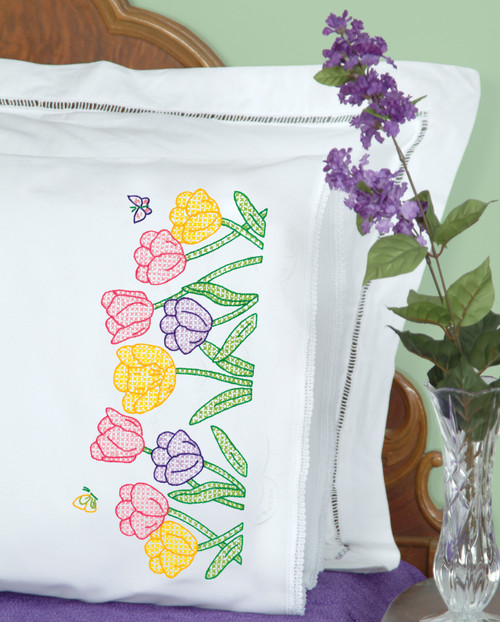 Jack Dempsey Stamped Pillowcases W/White Lace Edge 2/Pkg-Beautiful Blooms - 5A002356-1G6R0 Jack Dempsey Stamped Pillowcases W/White Lace Edge 2/Pkg-Beautiful Blooms - 5A002356-1G6R0