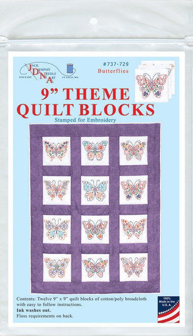 Jack Dempsey Themed Stamped White Quilt Blocks 9"X9" 12/Pkg-Butterflies  5A00233X-1G6RB - 013155527292