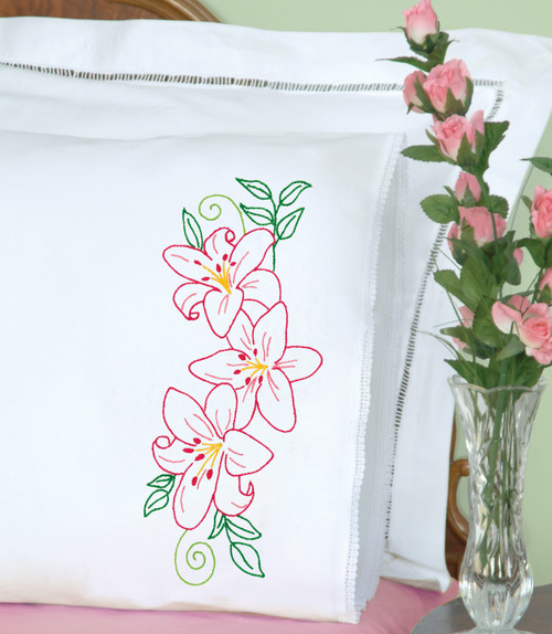 Jack Dempsey Stamped Pillowcases W/White Lace Edge 2/Pkg-Lillies - 5A00234M-1G6RH Jack Dempsey Stamped Pillowcases W/White Lace Edge 2/Pkg-Lillies - 5A00234M-1G6RH