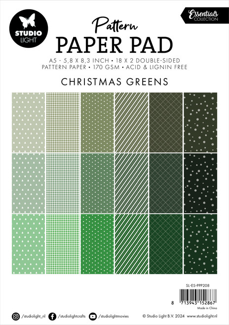 Studio Light Pattern Essentials Paper Pad 5.83"X8.25"-Nr. 208, Christmas Greens 5A0023M7-1G6P3