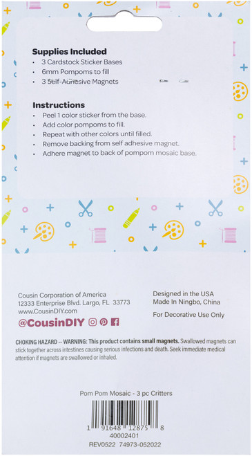 CousinDIY Pom-Pom Mosaic Kit 3/Pkg-Critters - 40002401