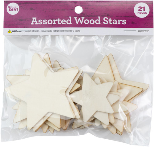 6 Pack CousinDIY Unfinished Wood Stars 21/Pkg-Assorted 40002332 - 191648127904
