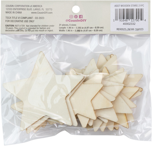 6 Pack CousinDIY Unfinished Wood Stars 21/Pkg-Assorted 40002332