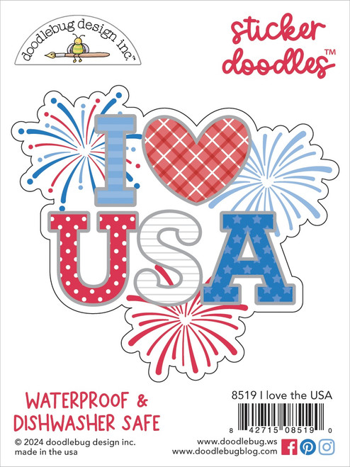 Doodlebug Water Bottle Sticker Doodles-I Love The USA, Hometown USA 5A0026V4-1G99Z - 842715085190
