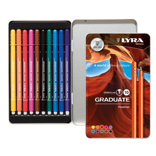 Lyra Graduate Fineliner Marker Tin 10/Pkg-Assorted Colors 5A0027RB-1GB2W - 4084900014912