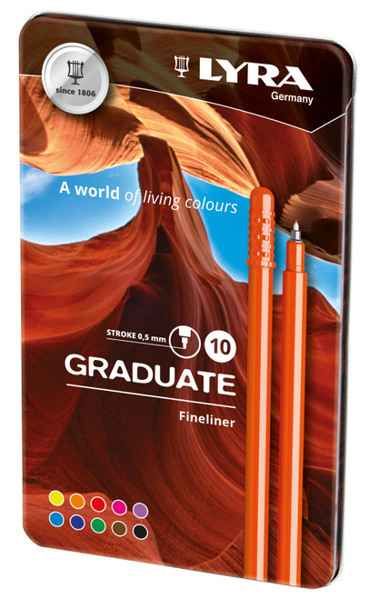 Lyra Graduate Fineliner Marker Tin 10/Pkg-Assorted Colors - 5A0027RB-1GB2W