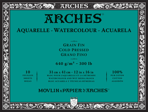 Arches Aquarelle Heavyweight Watercolor Block 12"x16"300lb, 10 Sheets 5A0029BQ-1GCP3 - 3700417114778