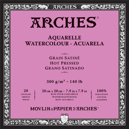 Arches Aquarelle Hot Pressed Watercolor Block 7.9"x7.9"140lb, 20 Sheets 5A00299T-1GCP5 - 3700417114693