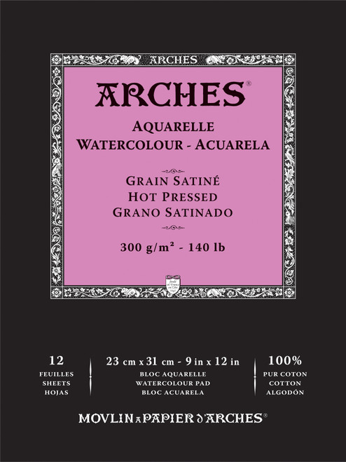 Arches Aquarelle Hot Pressed Watercolor Pad 9"x12"140lb, 12 Sheets 5A0029B5-1GCP1 - 3700417134851