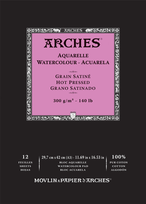 Arches Aquarelle Hot Pressed Watercolor Pad 11.69"x16.53"- 140lb, 12 Sheets - 5A0029B1-1GCNZ - 3700417134875