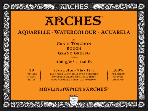Arches Aquarelle Rough Watercolor Block 9"x12"140lb, 20 Sheets 5A00299P-1GCNT - 3700417114525