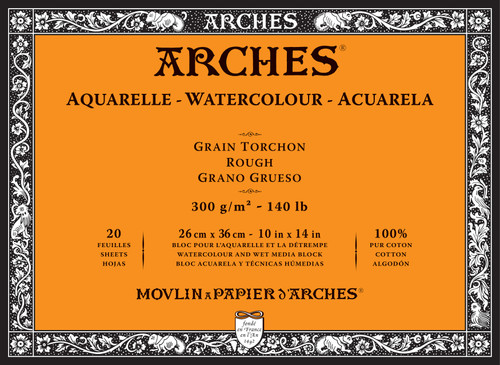 Arches Aquarelle Rough Watercolor Block 10"x14"- 140lb, 20 Sheets - 5A002993-1GCPJ - 3700417114532