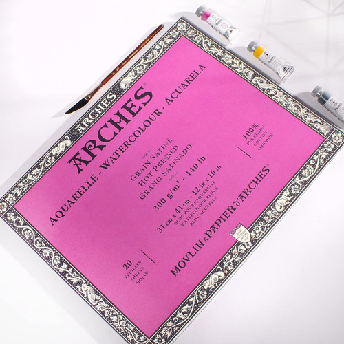 Arches Aquarelle Hot Pressed Watercolor Block 12"x16"- 140lb, 20 Sheets - 5A0029BR-1GCPD