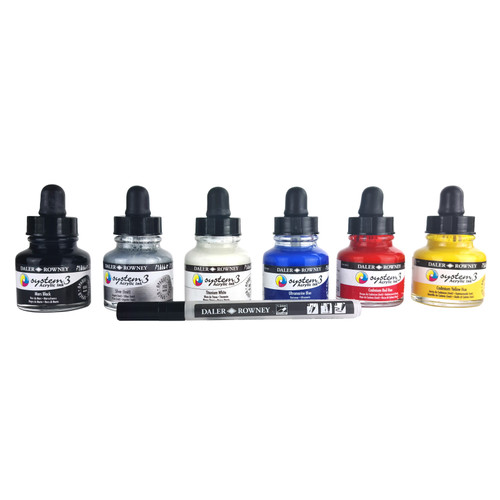 Daler-Rowney System3 Acrylic Ink Introduction Set 6/Pkg-Assorted Colors - 5A0029M4-1GCY4