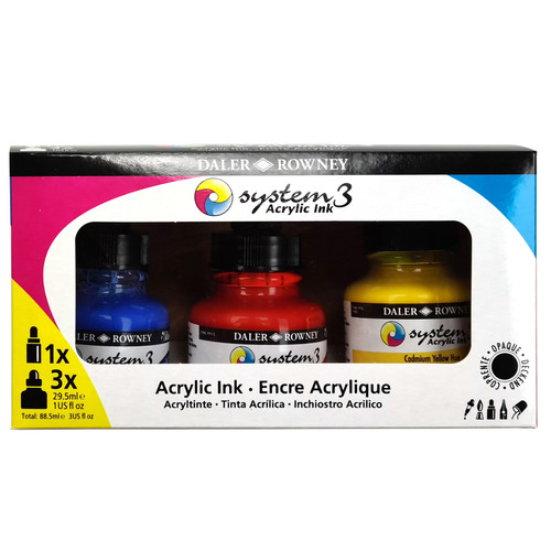 Daler-Rowney System3 Acrylic Ink Starter Set 3/Pkg-Assorted Colors - 5A0029M3-1GCY9 - 5011386127491
