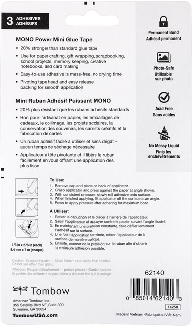 2 Pack - Tombow MONO Power Mini Glue Tape 3/Pkg-1/3"X276" - 62140 2 Pack - Tombow MONO Power Mini Glue Tape 3/Pkg-1/3"X276" - 62140
