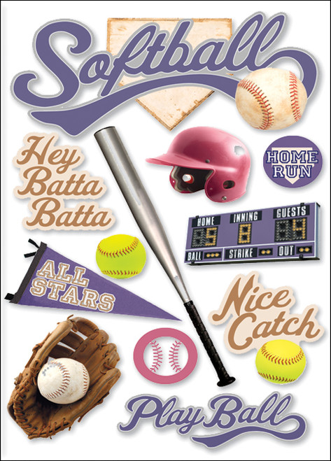 3 Pack - Paper House 3D Stickers 4.5"X7.5"-Softball - STDM63E 3 Pack - Paper House 3D Stickers 4.5"X7.5"-Softball - STDM63E