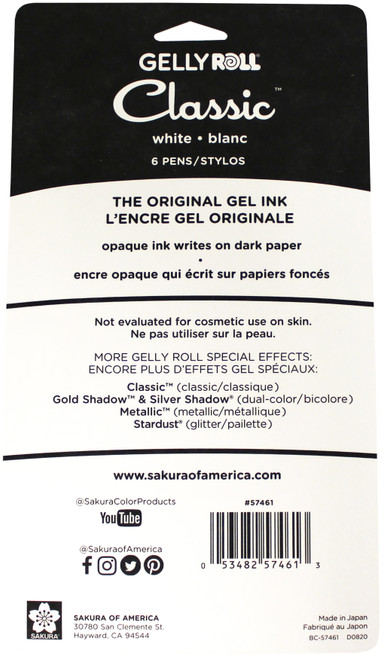 Sakura Gelly Roll Classic Pens 6/Pkg-White - 2 Each Of Fine, Medium & Bold - 57461 Sakura Gelly Roll Classic Pens 6/Pkg-White - 2 Each Of Fine, Medium & Bold - 57461
