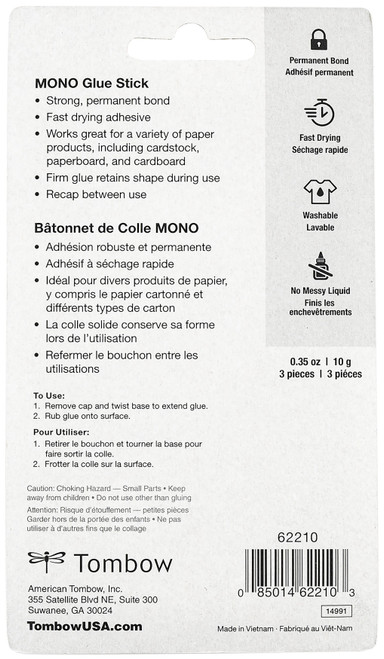 Tombow MONO Glue Stick 3/Pkg-10g Each - 62210 Tombow MONO Glue Stick 3/Pkg-10g Each - 62210