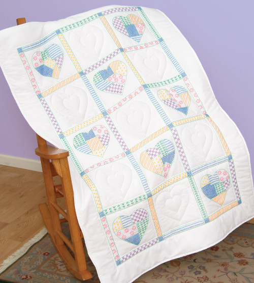 Jack Dempsey Stamped White Lap Quilt Top 40"X60"-Patchwork Hearts - 940 462 - 013155644623