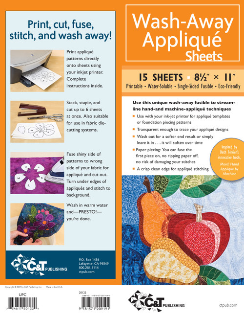 C&T Publishing Wash-Away Applique Sheets 15/Pkg-8.5"X11" - 20122 - 97815712091919781571209191