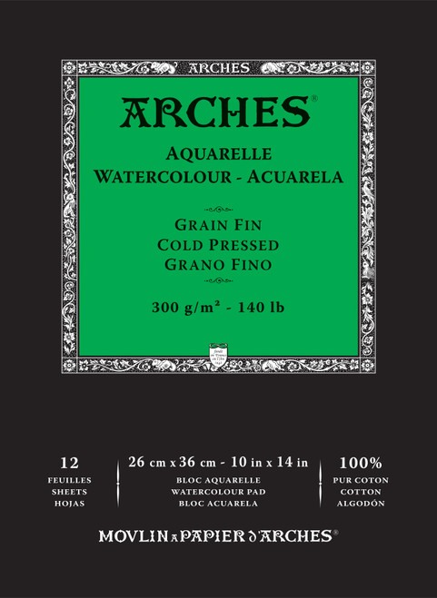 Arches Aquarelle Cold Pressed Watercolor Pad 10"x14"- 140lb, 12 Sheets - 5A002990-1GCP2 - 3700417134813