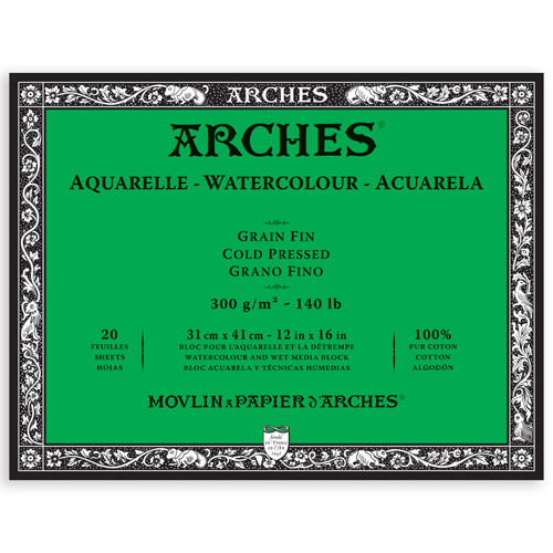 Arches Aquarelle Cold Pressed Watercolor Block 12"x16"- 140lb, 20 Sheets - 5A00298Z-1GCPM - 3700417114631