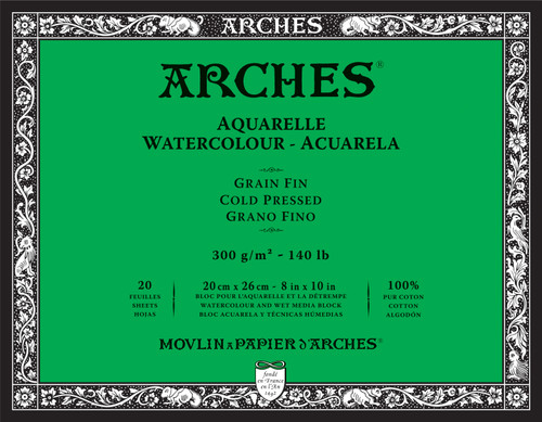 Arches Aquarelle Cold Pressed Watercolor Block 8"x10"140lb, 20 Sheets 5A0029BP-1GCNW - 3700417115997