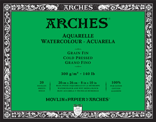 Arches Aquarelle Cold Pressed Watercolor Block 8"x10"- 140lb, 20 Sheets - 5A0029BP-1GCNW - 3700417115997