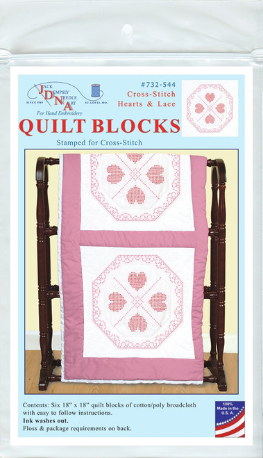 Jack Dempsey Stamped White Quilt Blocks 18"X18" 6/Pkg-Cross-Stitch Hearts & Lace - 732 544 - 013155475449